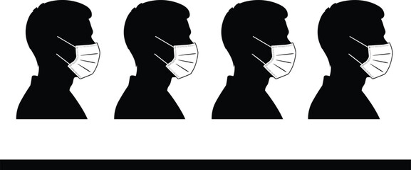 Set of male head silhouettes wearing medical face masks for protection against virus and flu, social distancing safety concept on white.