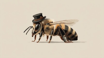 Bee illustration with a jaunty top hat, detailed anatomy on light neutral background