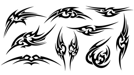 Obraz premium Abstract Tribal Wing Set Black Silhouette Vector Illustration, Ethnic Flame Curve Ornament Tattoo Design Collection Isolated on White Background
