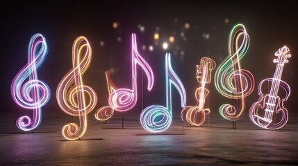Neon music notes and clef symbols glowing, arranged side-by-side on a dark surface