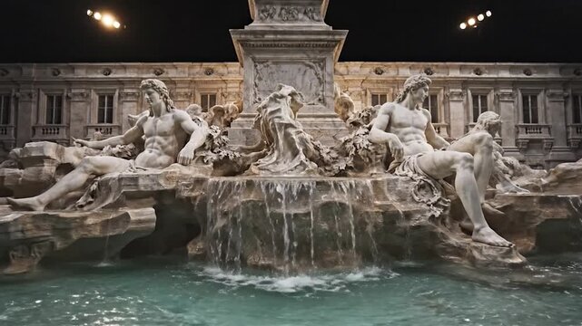 Majestic marble statues with flowing water, a grand building, and dramatic lighting