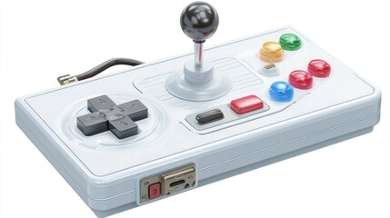A white, rectangular gaming controller with a joystick, d-pad, and colorful buttons, a cord with connector extending left