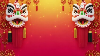 Lion Dance Background With Decorative Lion Eyes, Tassels and Festive Glow Atmosphere