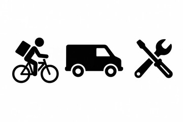 A delivery person rides a bicycle beside a delivery van and tools used for maintenance, highlighting logistics and repair services.