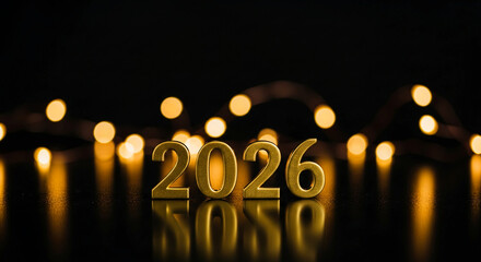 Golden numbers 2026, representing a year, stand against a dark background with blurred, soft, golden light, suggesting future celebration or anticipation