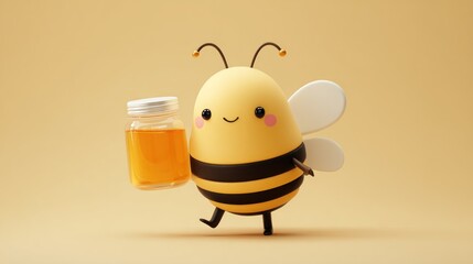 Cartoon bee carries honey jar, soft colors, bright, cheery, against a warm beige background