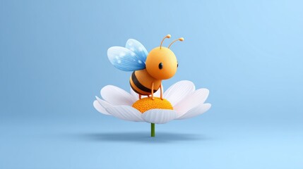 Obraz premium A cute, cartoonish 3D-rendered bee with orange body, black stripes, and light blue wings sits atop a large white daisy against a pale blue background