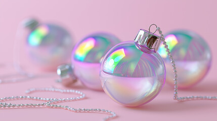 Iridescent Christmas baubles arranged in a repeating pattern on a soft pink background.
