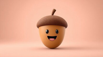 A cute acorn with a smiling face stands against a peachy background