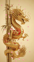 Obraz premium Golden dragon statue wrapped around bamboo stalks with falling pink petal, symbolizing fortune and power in East Asian culture, perfect for a lucky background