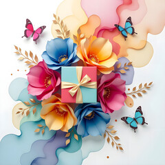 Colorful paper flowers and butterflies surround a gift box on a bright background in a creative display of art and design