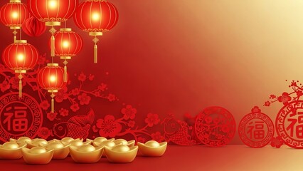 Lunar New Year Background With Lanterns, Gold Ingots and Paper Cut Ornaments
