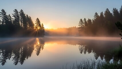 Fototapeta premium Serene Forest Lake Reflecting Golden Sunrise Through Misty Pines with Dramatic Sunbeams.