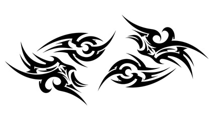 Naklejka premium Abstract Tribal Wing Ornament Black Silhouette Vector Illustration, Tattoo Style Ethnic Flame Curve Design Isolated on White Background