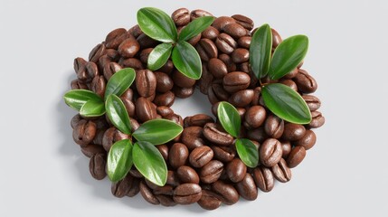 Obraz premium Ring of roasted coffee beans adorned with vibrant green leaves on a bright neutral background