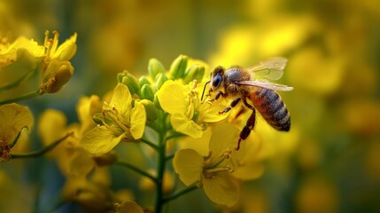 A honeybee, with translucent wings and patterned abdomen, pollinates bright yellow rapeseed flowers in a blurry, sunlit field