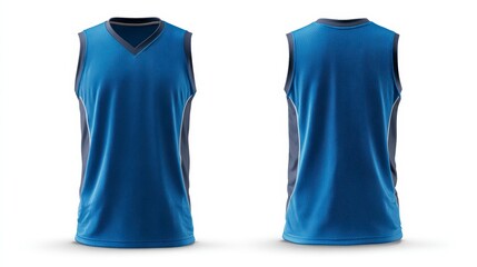 A side-by-side shot of a blue and grey athletic jersey, front and back views are displayed on a white background