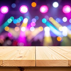 Empty wooden table against a vibrant, blurred background of colorful stage lights
