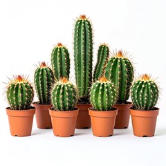 Eight small potted cacti arranged in a pyramid shape against a white background
