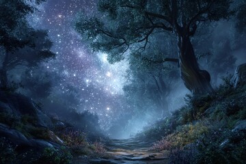 Enchanted night in a magical forest illuminated by a starry sky showcasing a mystical landscape filled with vibrant flora and glowing elements