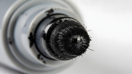 Close-up view of a black marker's fibrous tip, heavily saturated with dark ink, against a blurred light background.