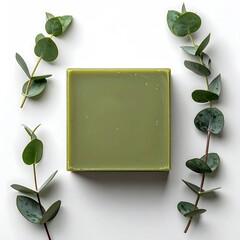 Square bar of olive-green soap, surrounded by eucalyptus sprigs