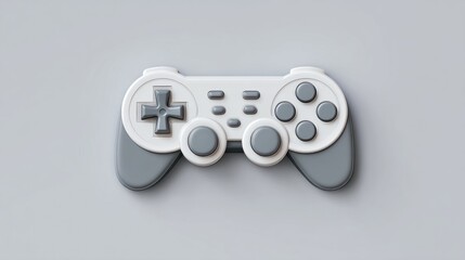 A stylized white and gray gamepad with round buttons and d-pad, centered on a light gray surface