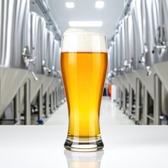 Light beer in a glass, surrounded by stainless steel brewing tanks