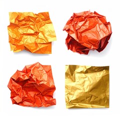 Four crumpled sheets of colored paper
