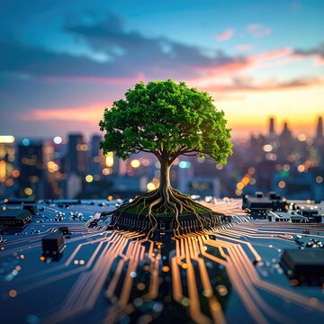 Lush green tree rooted in circuit board, cityscape backdrop
