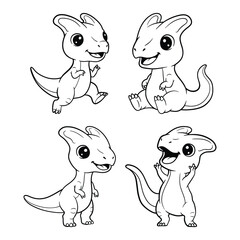 Cute Baby Dinosaur Coloring Page Set, Hand Drawn Vector Illustration 