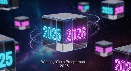Image of transparent cube displaying neon numbers 2025 and 2026, symbolising transition, future, technology and digital era with starry background