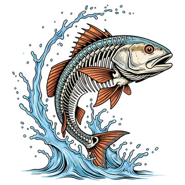 Red fish skeleton fishing jumping out of water splash vector illustration on white background