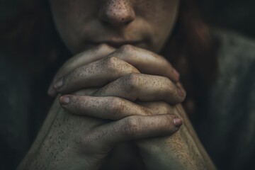 Nervous woman with hands clasped, reflecting on mental health and seeking therapy in a calm, quiet environment during the evening