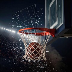 Basketball shot through shattered glass hoop