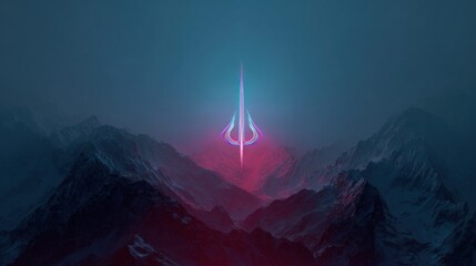 Abstract illustration of a glowing shape above mountain range scenery