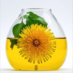 Yellow dandelion flower in clear glass bowl, filled with liquid