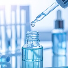 Clear liquid being dispensed from a dropper into a glass bottle.  Laboratory setting with various lab equipment