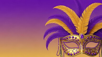 Mardi Gras Background With Ornate Carnival Mask, Metallic Beads and Feather Accents