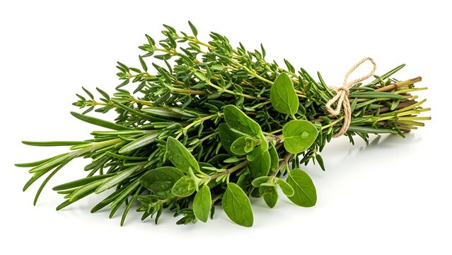 A bunch of fresh rosemary and thyme herbs tied together with twine isolated on white background.