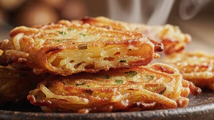 Deliciously crispy goldenbrown vegetable fritters possibly onion or potato pakora freshly fried and steaming hot showcasing their inviting texture and appetizing appeal perfect as a savory snack or a.