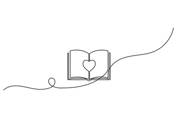 Obraz premium Continuous line drawing of a heart on an open book for love of reading and literature concept