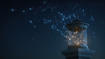 Abstract illustration of a structure with glowing lines in dark sky