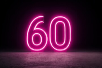 Neon Number Sixty in Bright Pink Light Against Dark Background