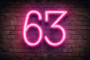 Neon Sign with Number Sixty-Three against a Brick Wall Background