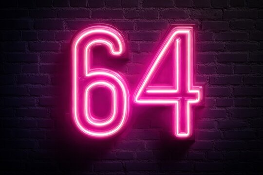 Neon Number Sixty-Four in Vibrant Pink Against a Dark Background