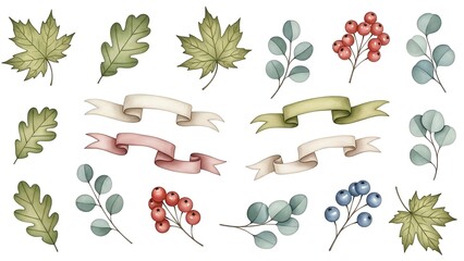 Autumn leaves and ribbons illustration set.