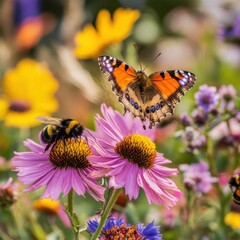 Aglais urticae butterfly on purple coneflower flowers