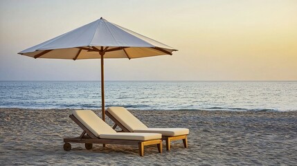 Obraz premium chaise. A luxurious chaise lounge on a sandy beach under an umbrella, capturing the essence of a coastal vacation during golden hour. tourism brochures.