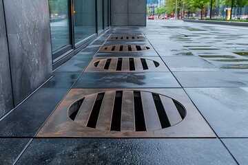 Modern Architectural Design Featuring Drainage Grates Set into Sidewalk Pavement